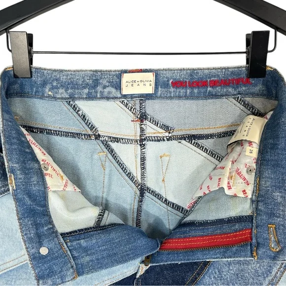 Alice + Olivia Beautiful High Rise Wide Leg Jeans - Indigo Twirl Patchwork Sz 26 - Picture 8 of 11